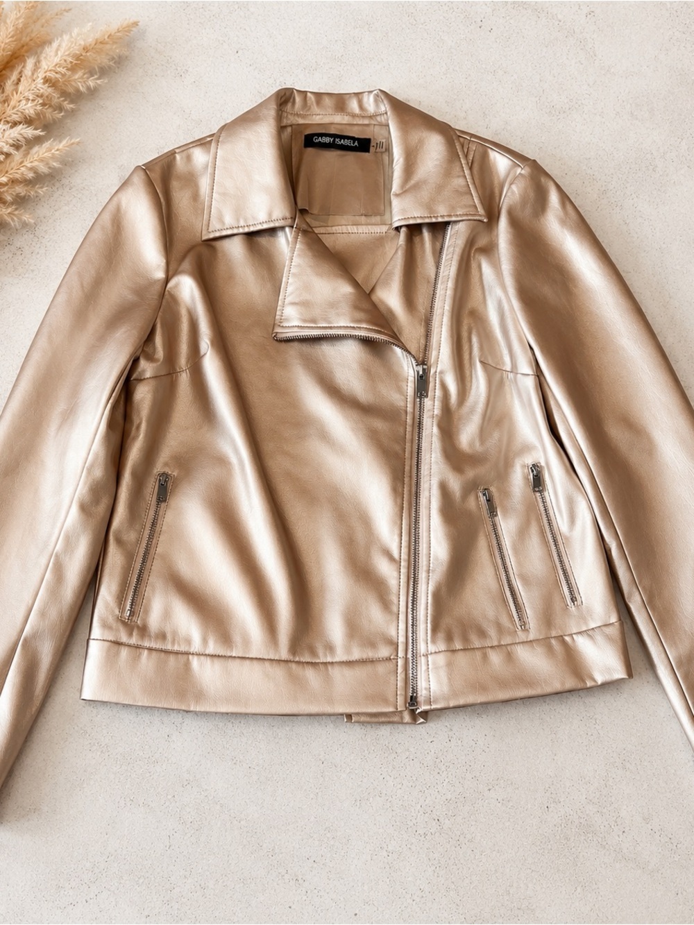 Gabby Isabella Metallic Rose Gold Faux Leather Moto Jacket